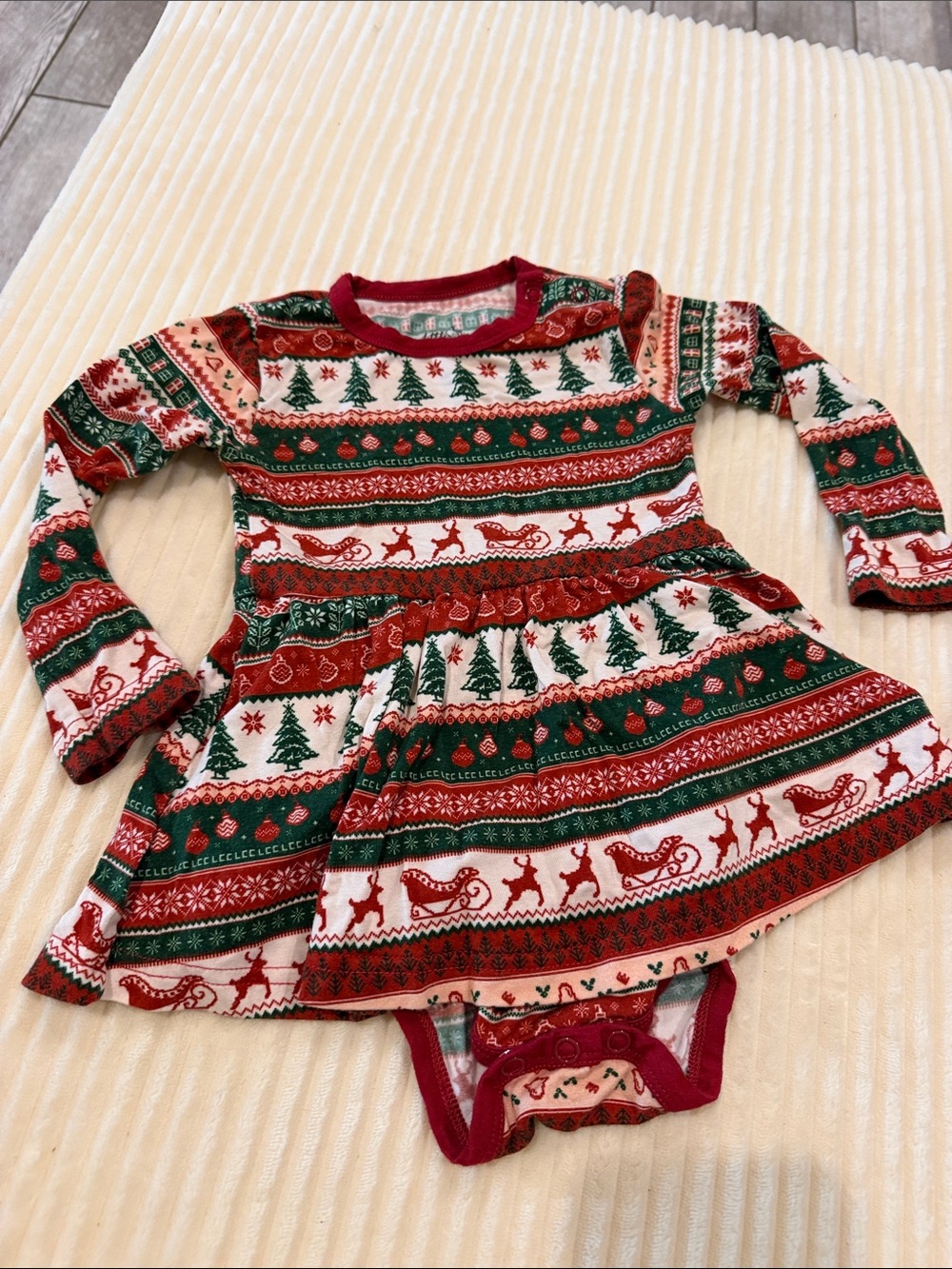 Red, Green & White Holiday Reindeer Dress with Bodysuit